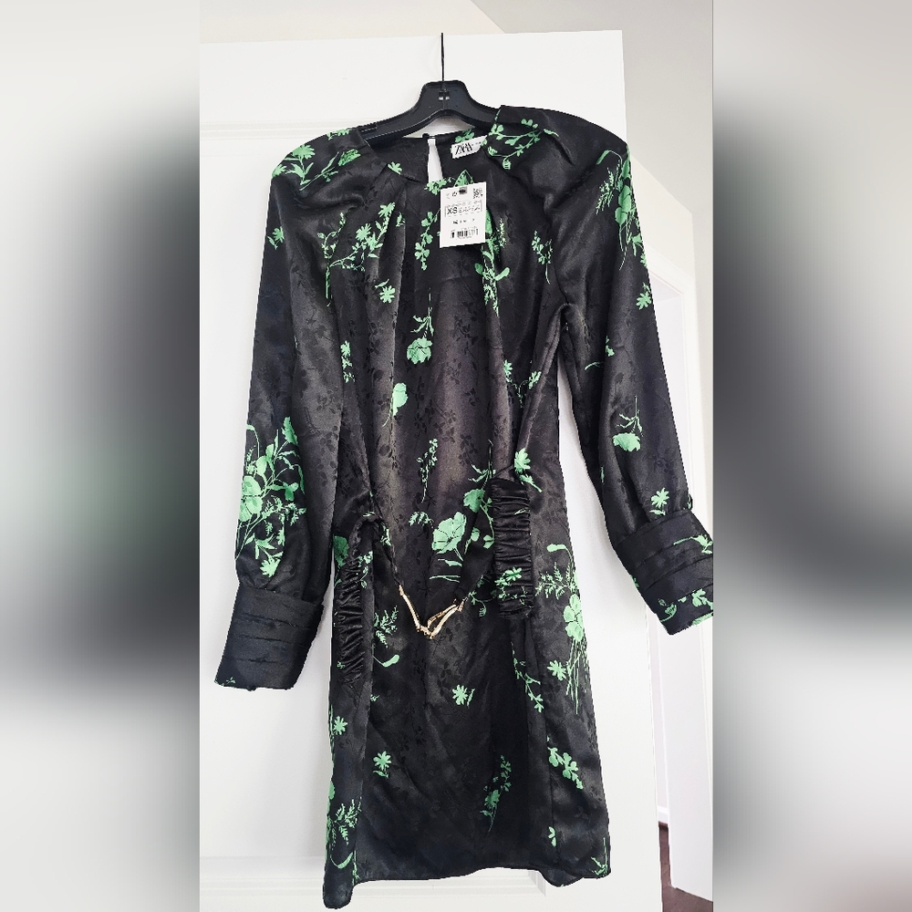 Zara Black Satin Dress with Neon Green Floral Print
